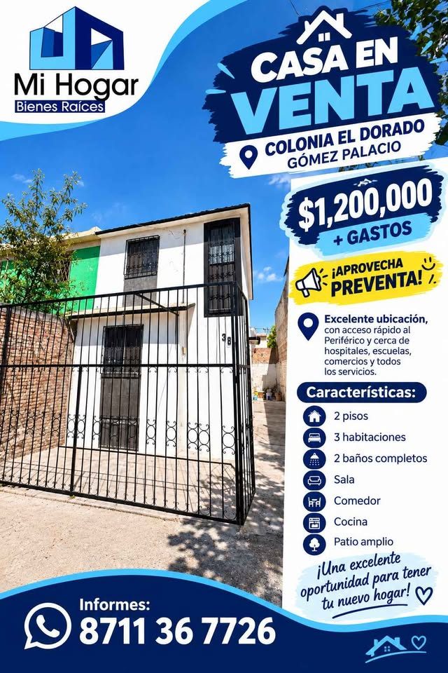 CASA EN VENTA EN COLONIA EL DORADO, GÓMEZ PALACIO! ✨🏡📍 Excelente ubicación Cerca de periferico 3